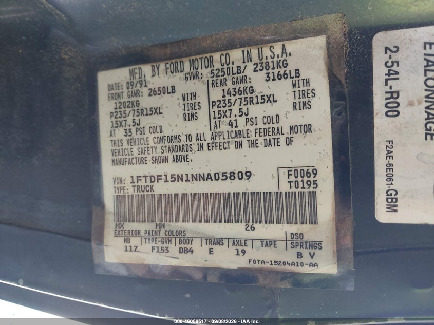 FORD F150 1992 VIN 1FTDF15N1NNA05809