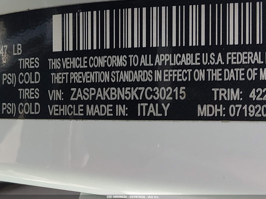 ALFA-ROMEO STELVIO 2019 VIN ZASPAKBN5K7C30215