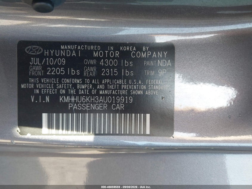 HYUNDAI GENESIS 2010 VIN KMHHU6KH3AU019919