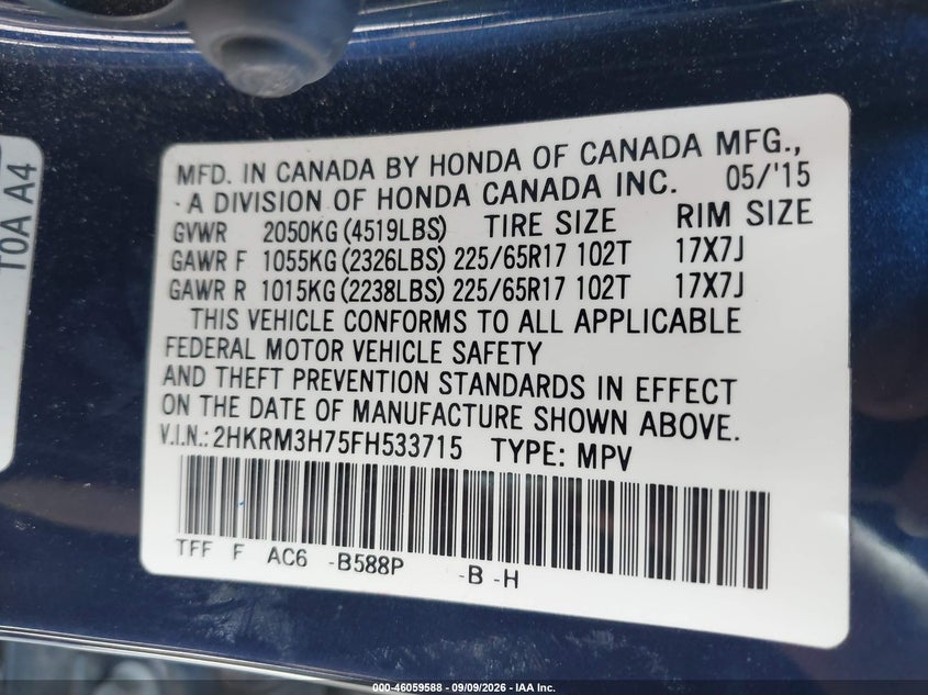 HONDA CR-V 2015 VIN 2HKRM3H75FH533715