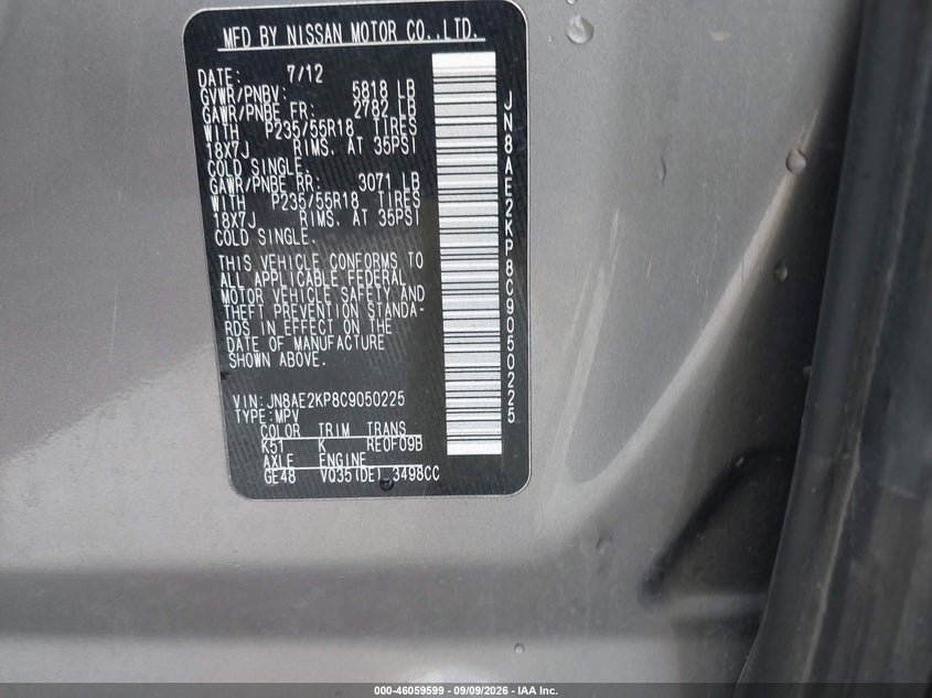 NISSAN QUEST 2012 VIN JN8AE2KP8C9050225