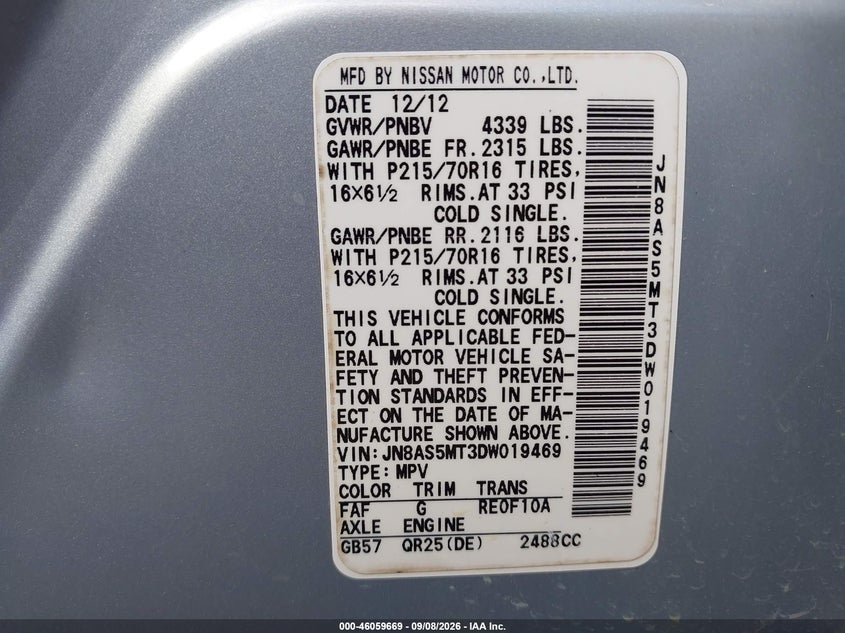 NISSAN ROGUE 2013 VIN JN8AS5MT3DW019469