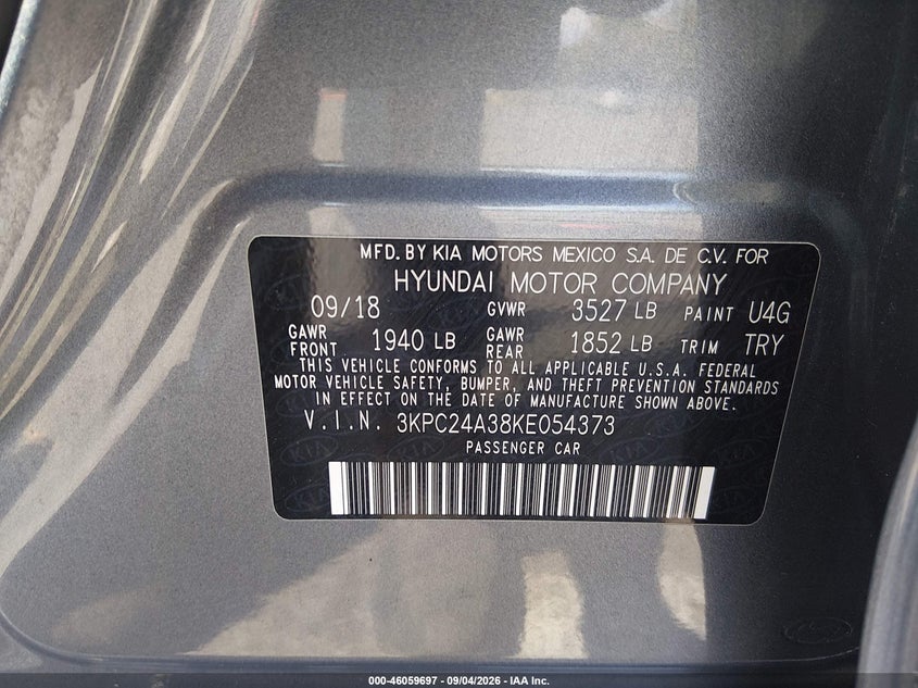 HYUNDAI ACCENT 2019 VIN 3KPC24A38KE054373