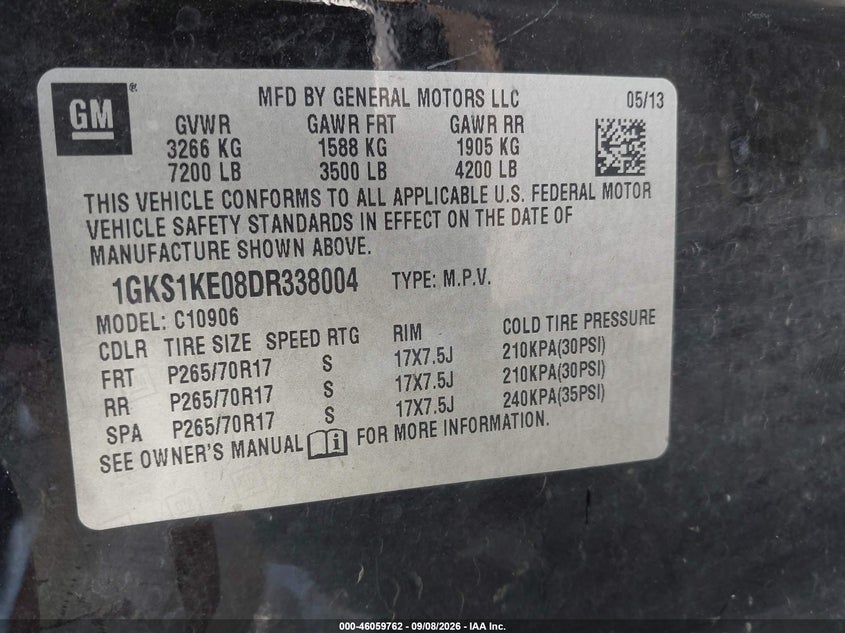 GMC YUKON XL 1500 2013 VIN 1GKS1KE08DR338004
