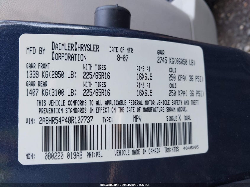 CHRYSLER TOWN & COUNTRY 2008 VIN 2A8HR54P48R107737
