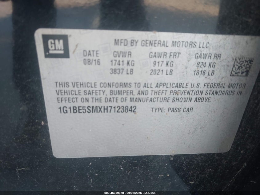 CHEVROLET CRUZE 2017 VIN 1G1BE5SMXH7123842