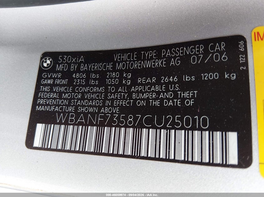 BMW 530XI 2007 VIN WBANF73587CU25010