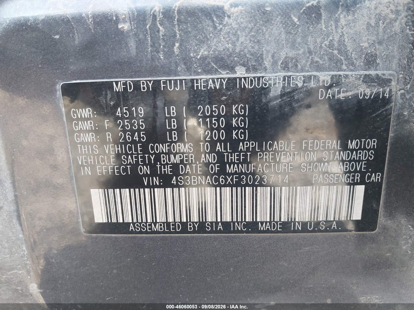 SUBARU LEGACY 2015 VIN 4S3BNAC6XF3023714