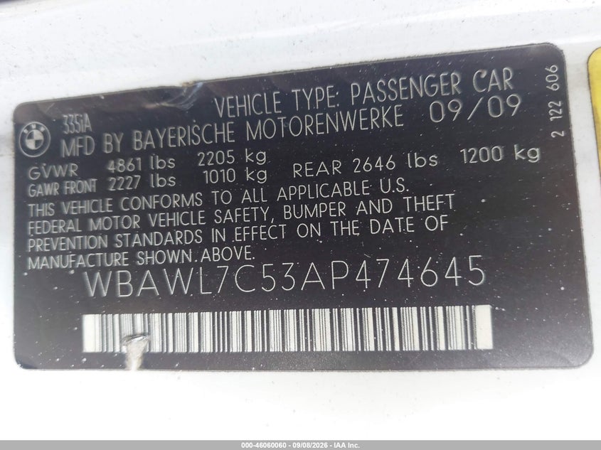 BMW 335I 2010 VIN WBAWL7C53AP474645