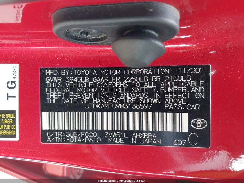 TOYOTA PRIUS 2021 VIN JTDKAMFU9M3138597