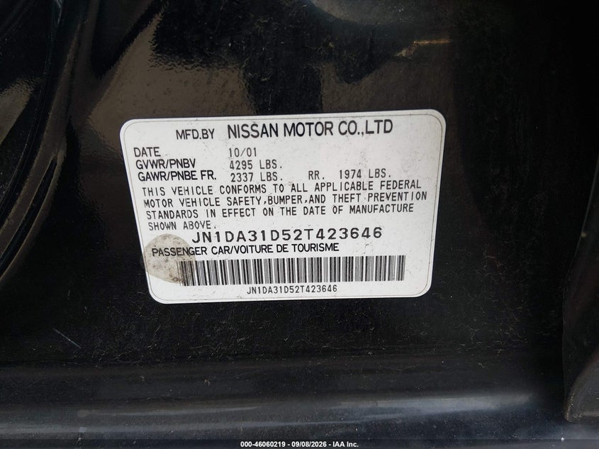 NISSAN MAXIMA 2002 VIN JN1DA31D52T423646