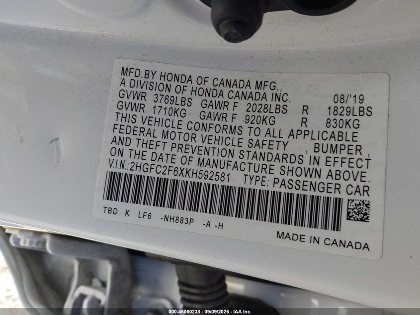 HONDA CIVIC 2019 VIN 2HGFC2F6XKH592581