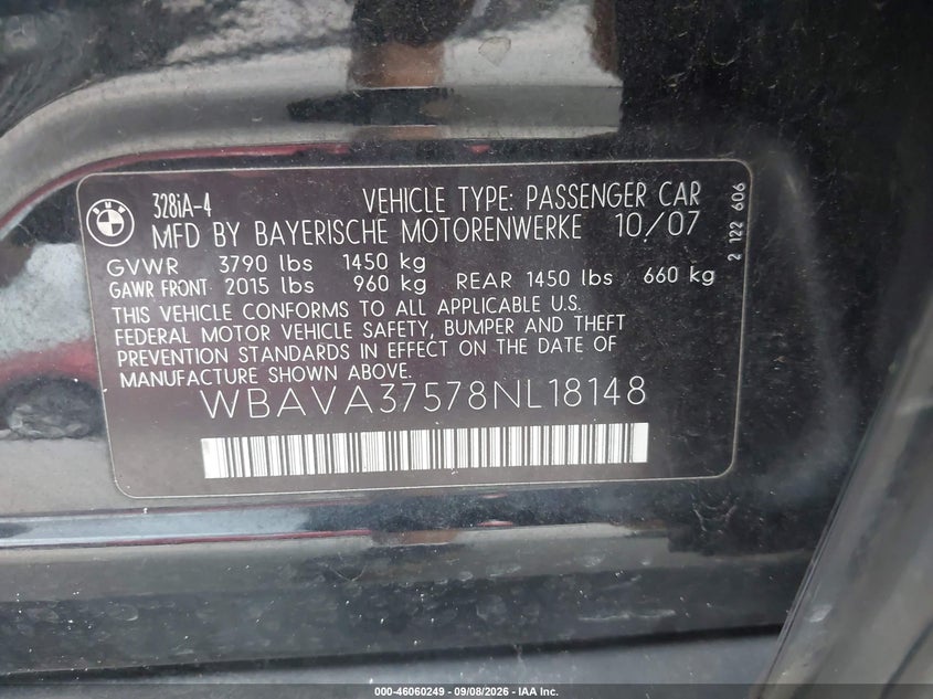 BMW 328I 2008 VIN WBAVA37578NL18148