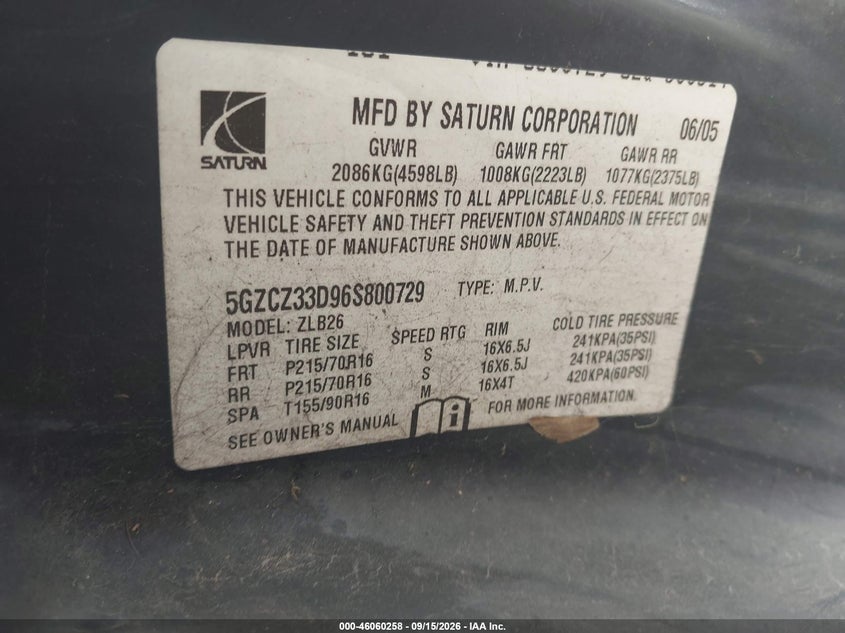 SATURN VUE 2006 VIN 5GZCZ33D96S800729