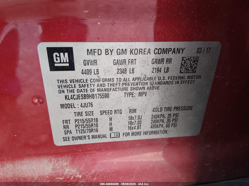 BUICK ENCORE 2017 VIN KL4CJESB9HB175590