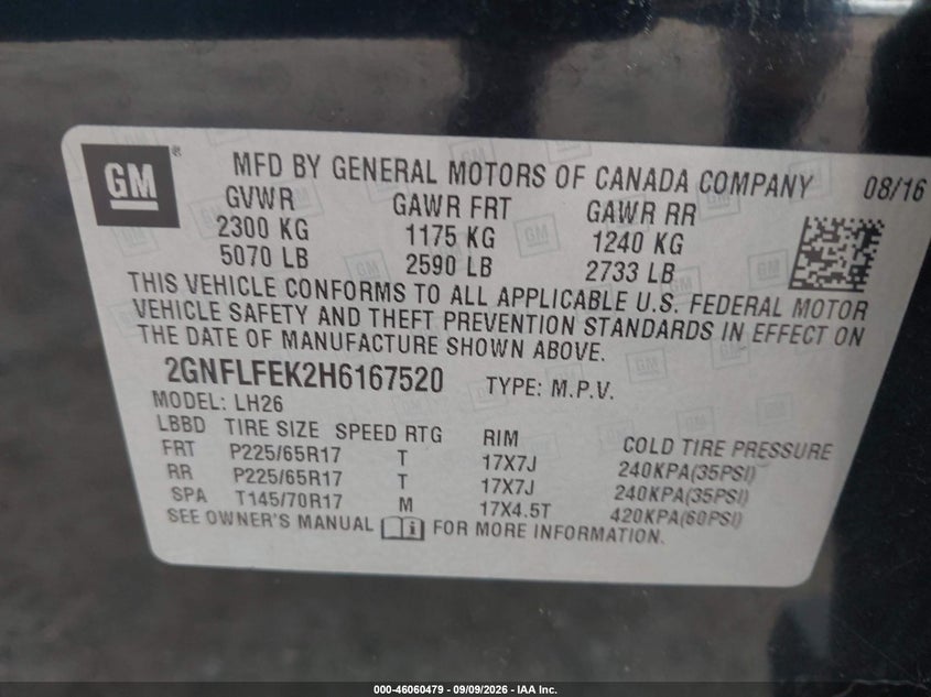 2017 CHEVROLET EQUINOX SPORT UTILITY VEHICLE 2.4L I-4 DI, DOHC, VVT, REGULAR , 182HP