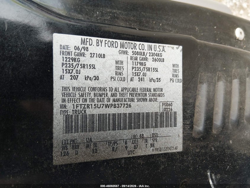 FORD RANGER 1998 VIN 1FTZR15U7WPB37726