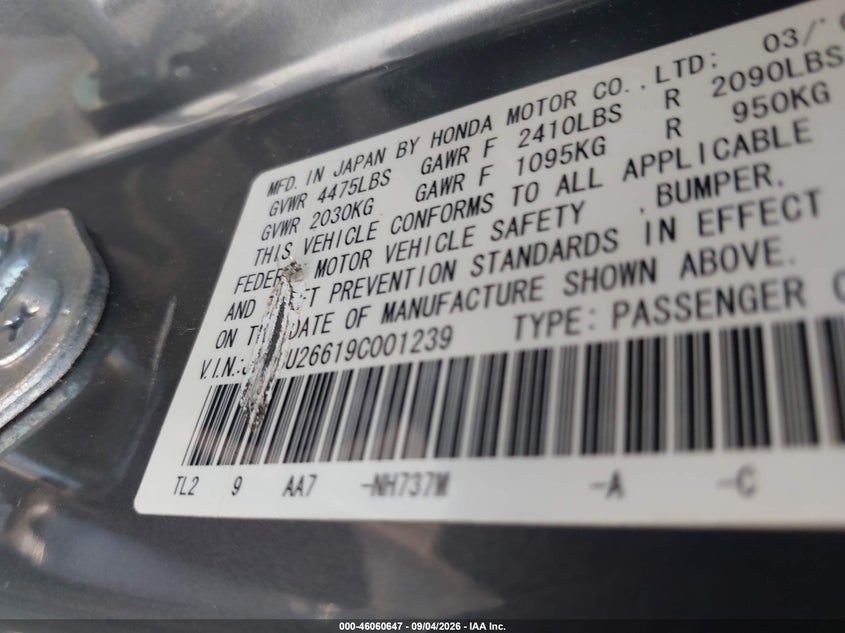ACURA TSX 2009 VIN JH4CU26619C001239