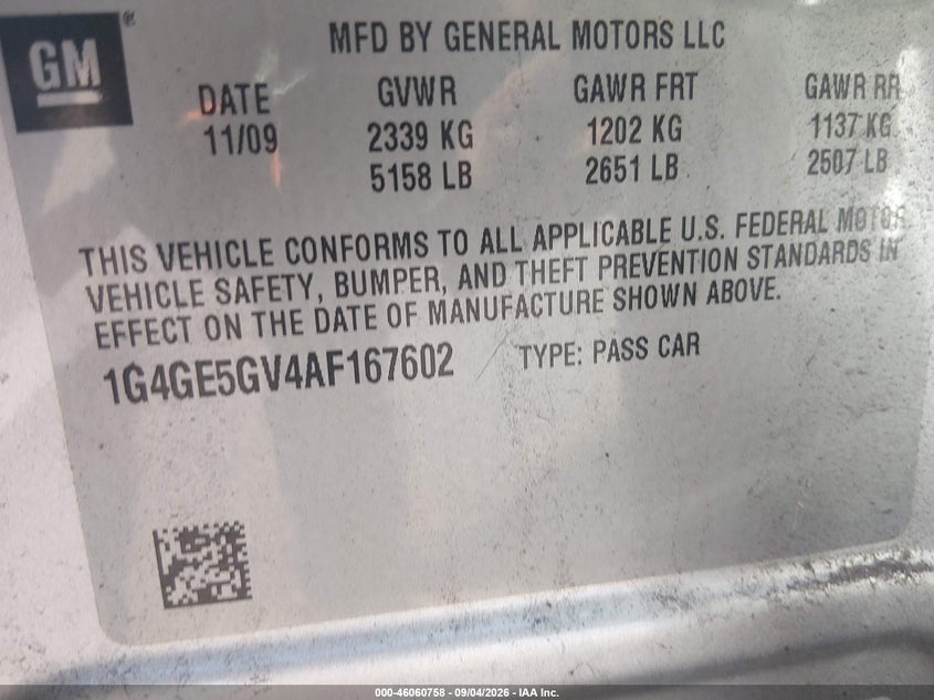 BUICK LACROSSE 2010 VIN 1G4GE5GV4AF167602
