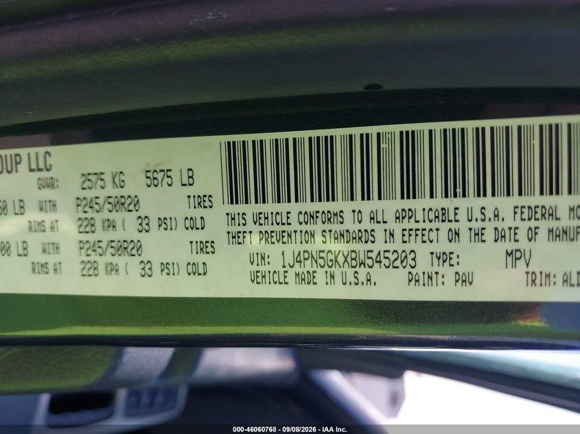JEEP LIBERTY 2011 VIN 1J4PN5GKXBW545203