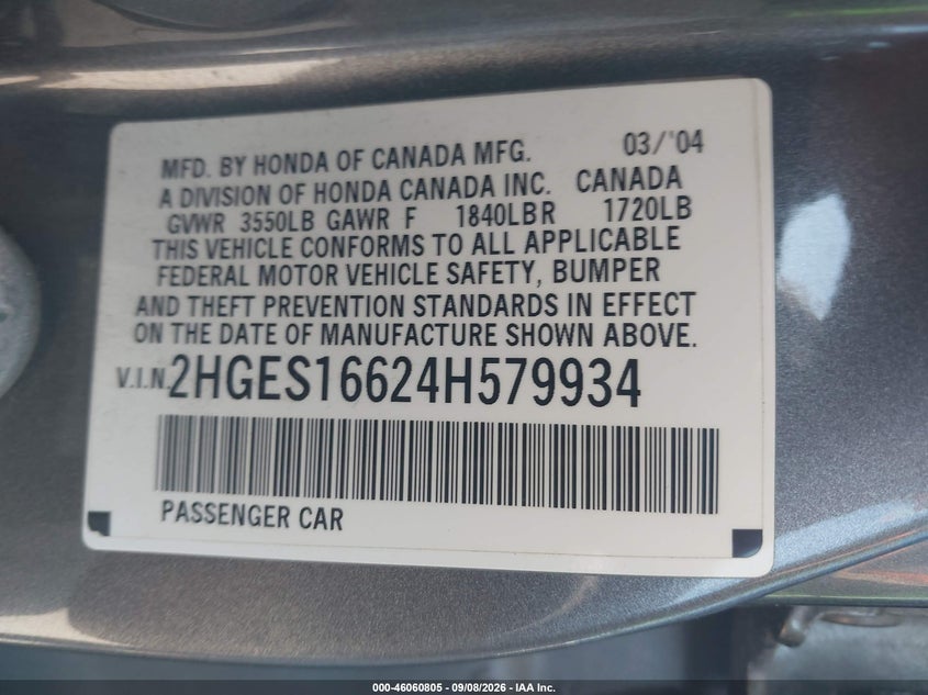 2004 HONDA CIVIC SEDAN 1.7L I-4 REGULAR , 115HP