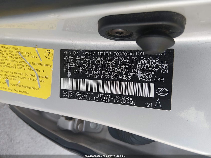 LEXUS ES 330 2004 VIN JTHBA30G945026463