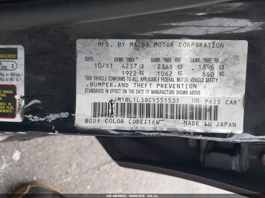 MAZDA MAZDASPEED3 2012 VIN JM1BL1L38C1551531