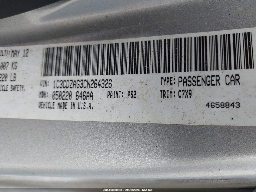 DODGE AVENGER 2012 VIN 1C3CDZAG3CN264326