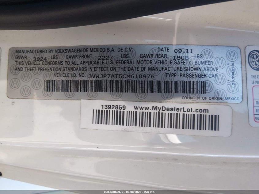 VOLKSWAGEN BEETLE 2012 VIN 3VWJP7AT5CM610976