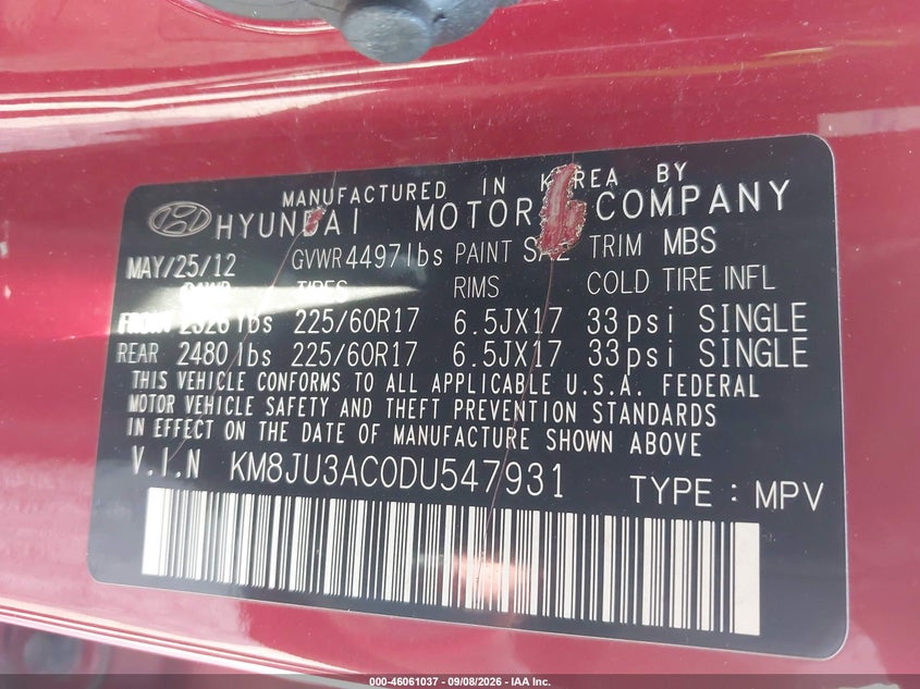 HYUNDAI TUCSON 2013 VIN KM8JU3AC0DU547931