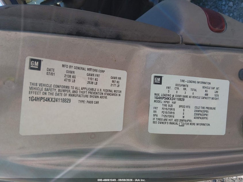 BUICK LESABRE 2002 VIN 1G4HP54KX24118829