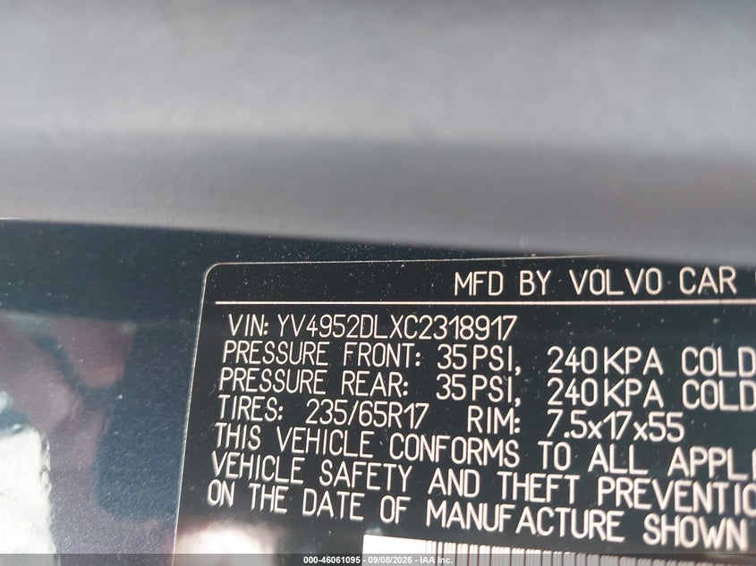 VOLVO XC60 2012 VIN YV4952DLXC2318917