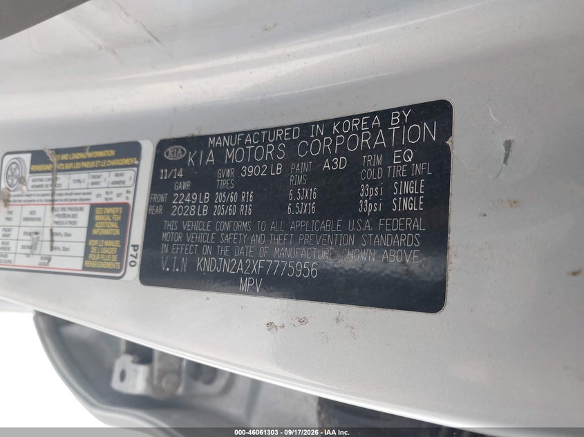 KIA SOUL 2015 VIN KNDJN2A2XF7775956