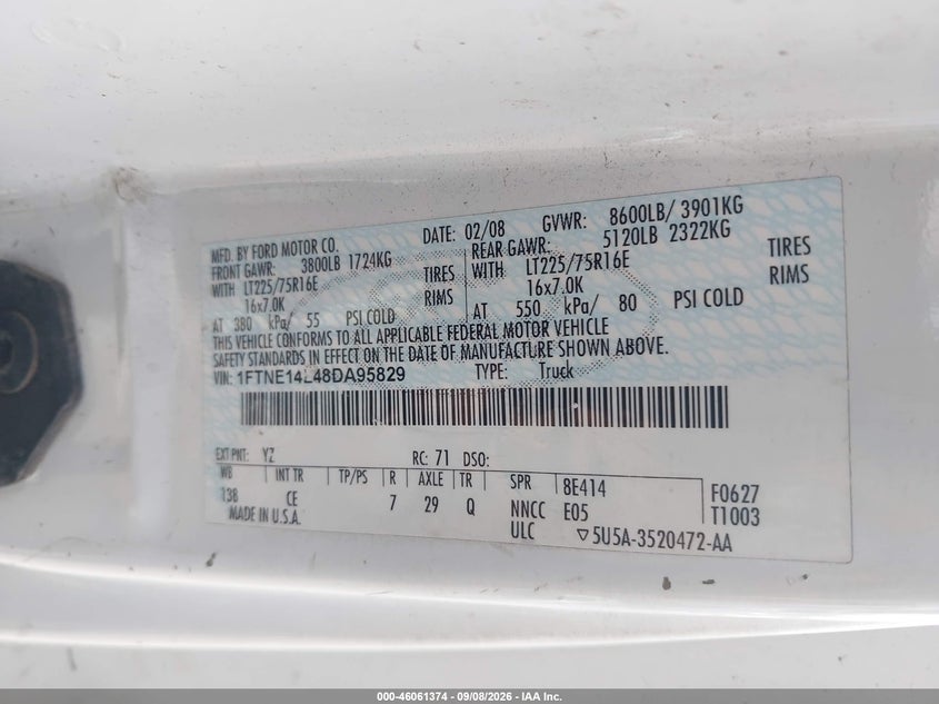 FORD E-150 2008 VIN 1FTNE14L48DA95829