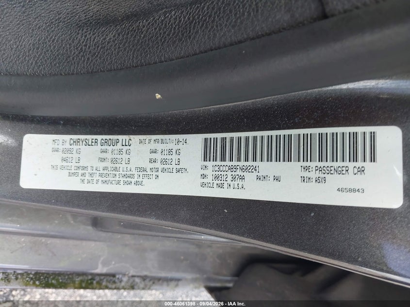 CHRYSLER 200 2015 VIN 1C3CCCAB9FN602241