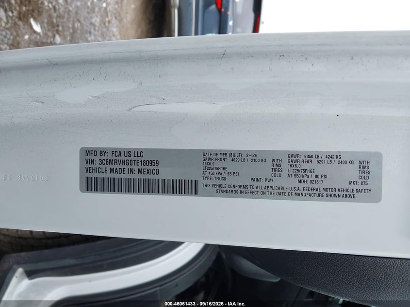 RAM PROMASTER 3500 2026 VIN 3C6MRVHG0TE180959