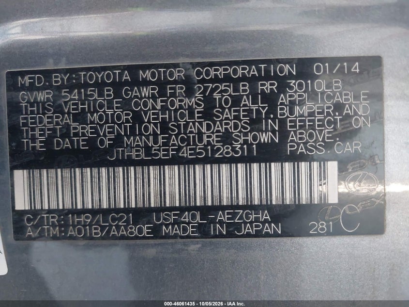 LEXUS LS 460 2014 VIN JTHBL5EF4E5128311