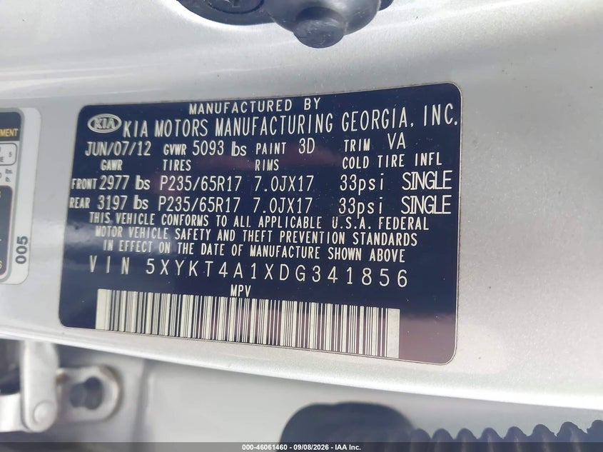 KIA SORENTO 2013 VIN 5XYKT4A1XDG341856