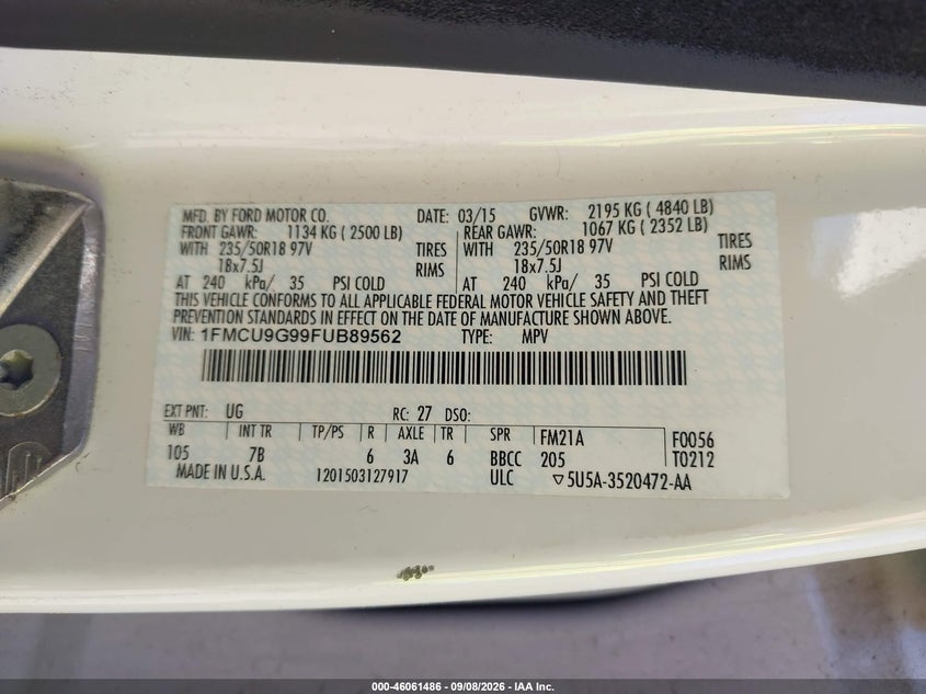 FORD ESCAPE 2015 VIN 1FMCU9G99FUB89562