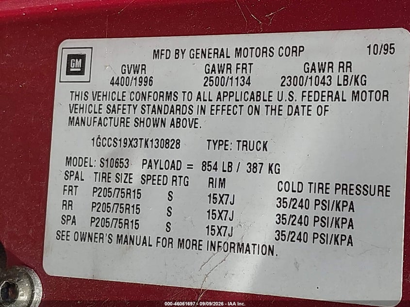 1996 CHEVROLET S-10 PICKUP COUPE 4.3L V6 FI F