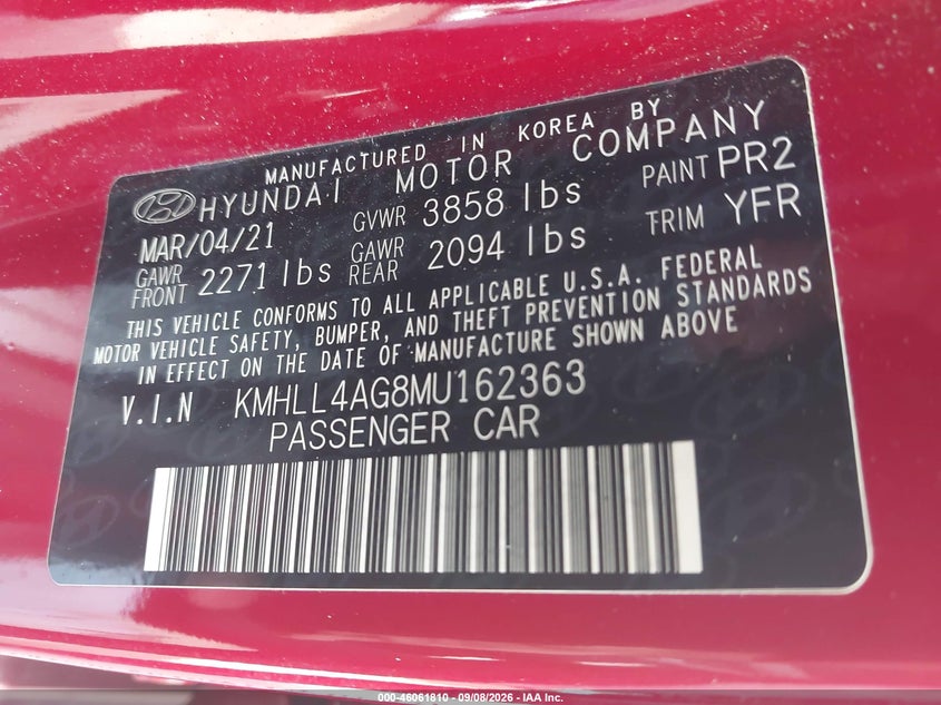 HYUNDAI ELANTRA 2021 VIN KMHLL4AG8MU162363