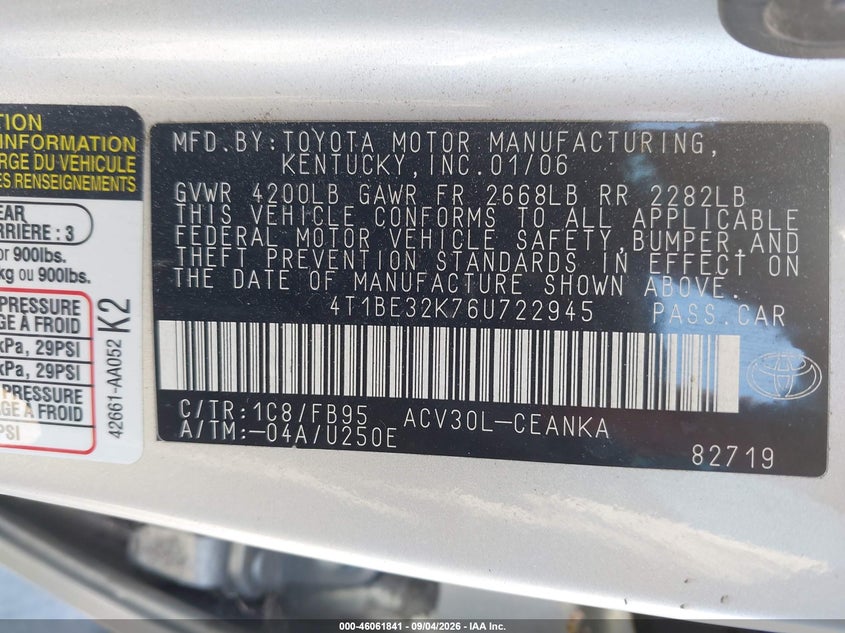 2006 TOYOTA CAMRY SEDAN 2.4L I-4 DOHC, VVT, REGULAR , 154HP