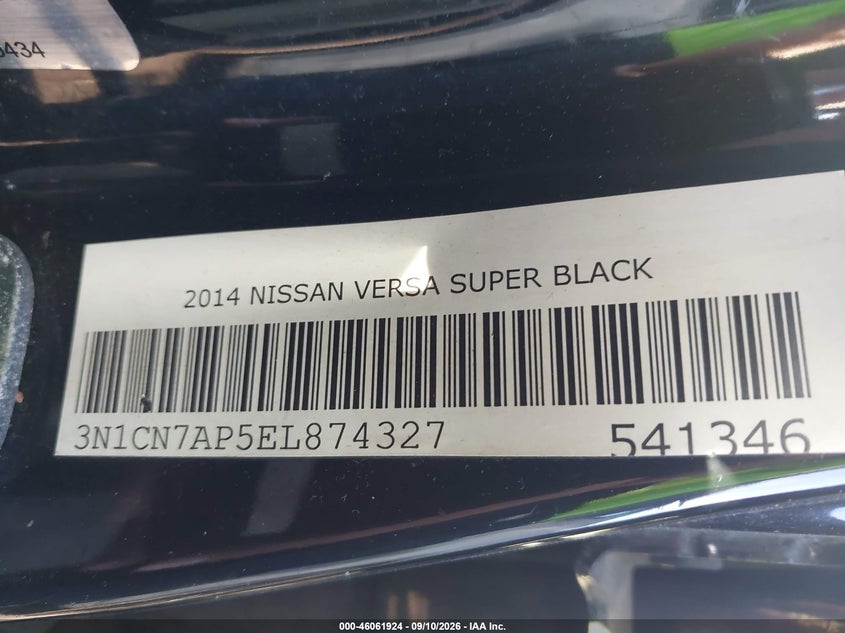 NISSAN VERSA 2014 VIN 3N1CN7AP5EL874327