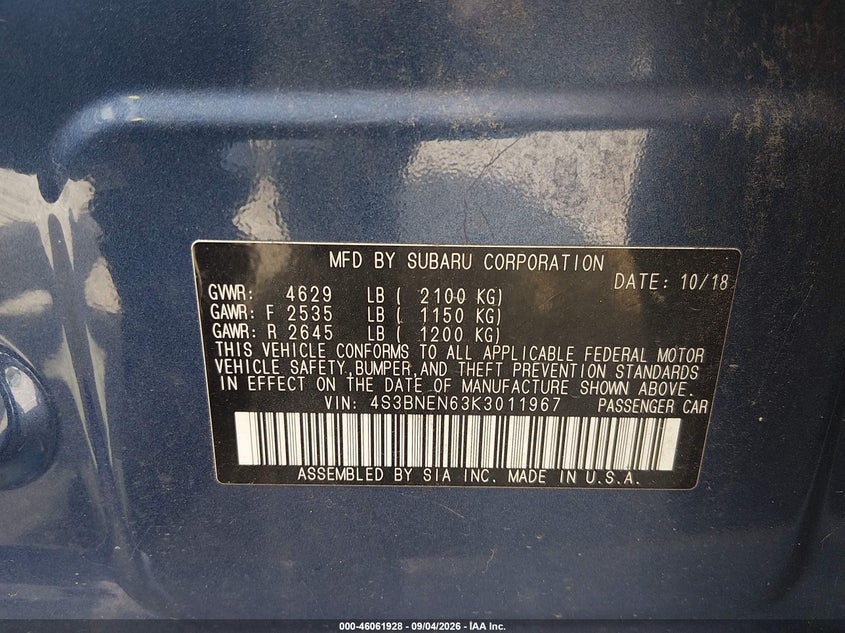 SUBARU LEGACY 2019 VIN 4S3BNEN63K3011967