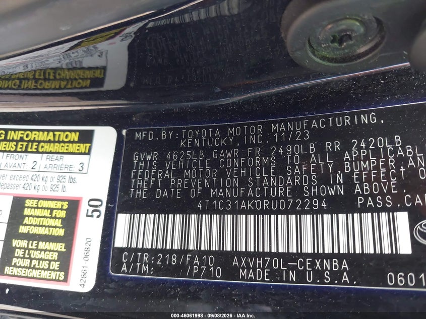 TOYOTA CAMRY HYBRID 2024 VIN 4T1C31AK0RU072294