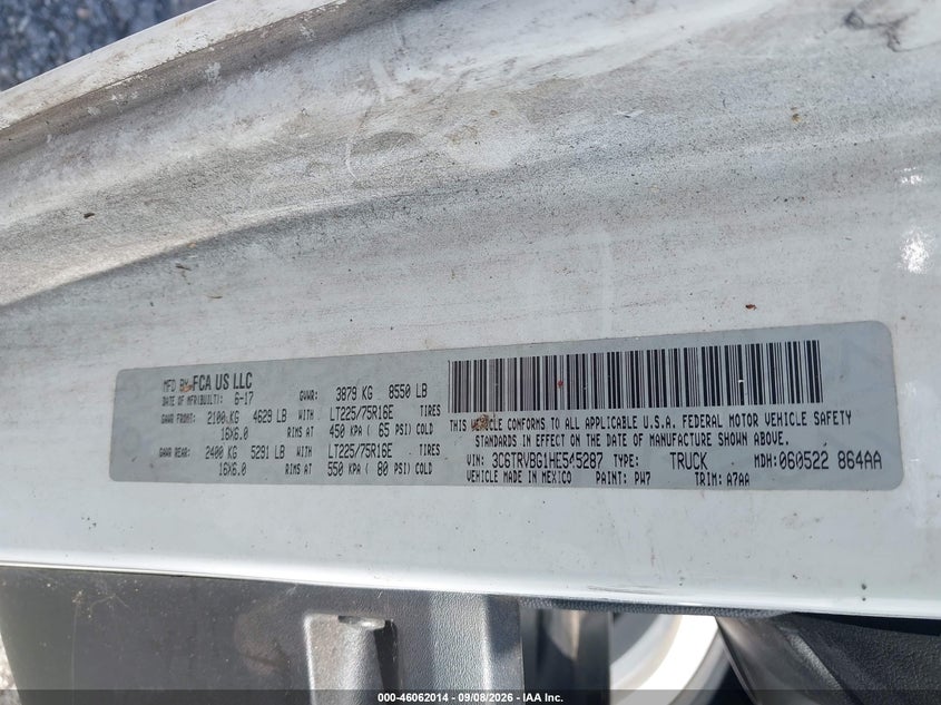 RAM PROMASTER 1500 2017 VIN 3C6TRVBG1HE545287