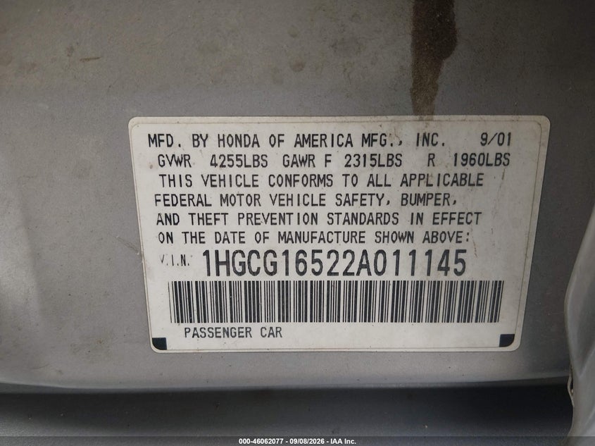 HONDA ACCORD 2002 VIN 1HGCG16522A011145