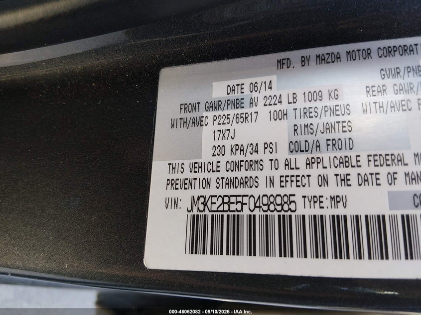 MAZDA CX-5 2015 VIN JM3KE2BE5F0498985