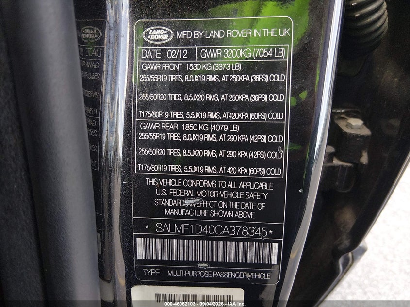 LAND-ROVER RANGE ROVER 2012 VIN SALMF1D40CA378345