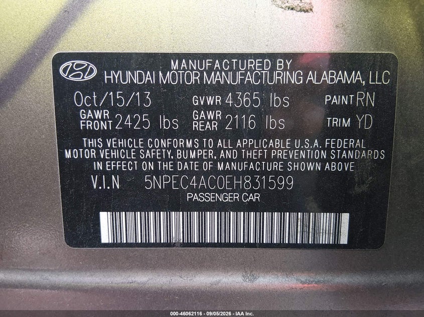 2014 HYUNDAI SONATA SEDAN 2.4L I-4 DI, DOHC, VVT, REGULAR , 190HP
